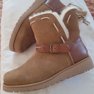 UGG Brown and White Winter Boots with Suede and Leather Accents